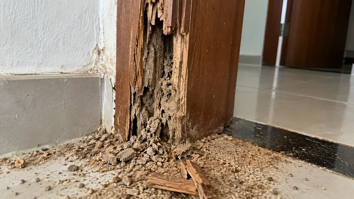 Batente e rodapé de madeira destruídos por cupim — dano estrutural que a Praban identifica na inspeção técnica