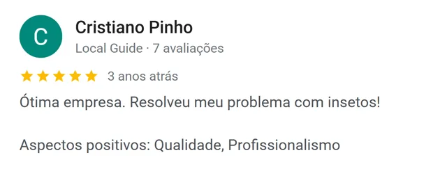Avaliação de Cristiano Pinho no Google: resolveu o problema com insetos