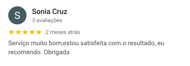 Avaliação de Sonia Cruz no Google: serviço muito bom, satisfeita com o resultado