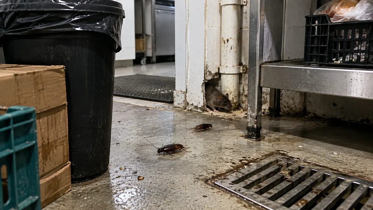 Rato e baratas em área de depósito comercial — pragas urbanas atendidas pela Praban